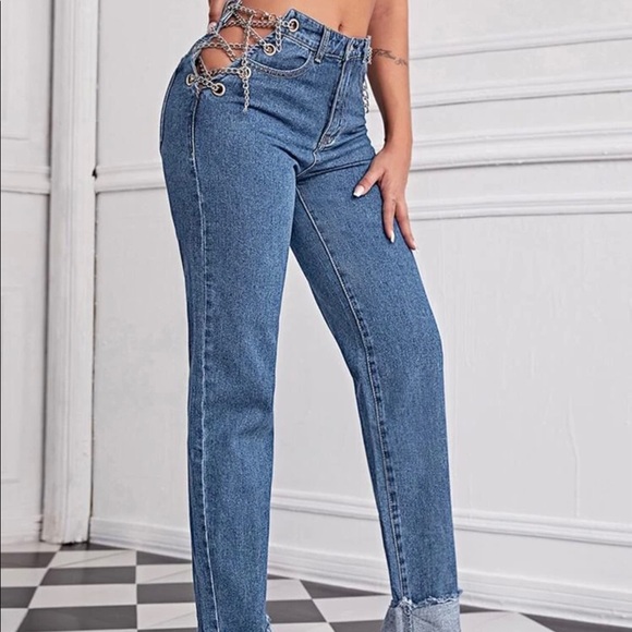 Chain lace up blue jeans - Picture 1 of 3